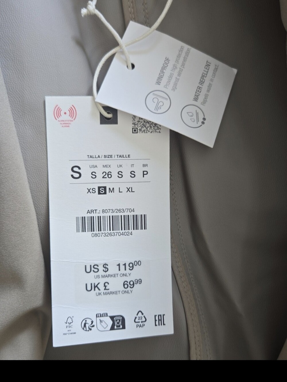 Zara Water-Repellent Belted Trench Coat | Windbreaker Sz:S - Picture 14 of 15